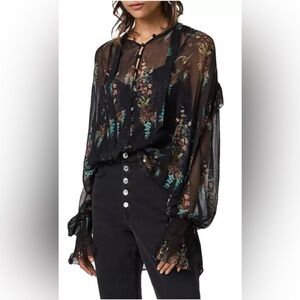 ALLSAINTS Lara Melisma Sheer Floral Blouse Blk RomanticBoho Smocked Sleeve Sz 10